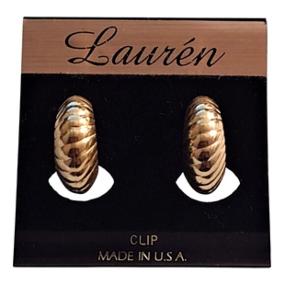 Lauren 3/4" Domed Swirl Lined Hoop Clip On Earrings Gold Tone Vintage - Picture 1 of 5